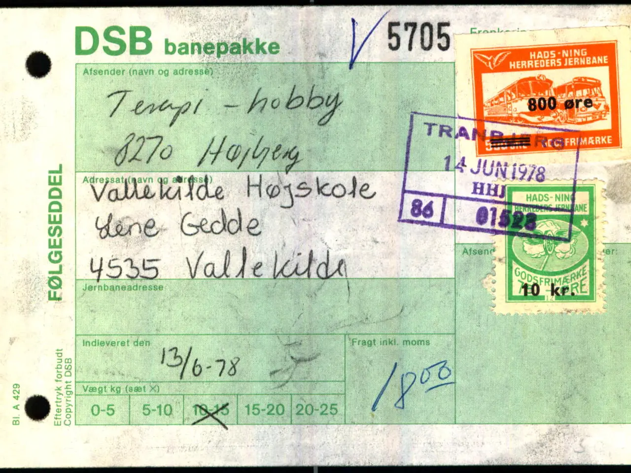 Billede 1 - Banepakke DSB/Hads-Ning - Herreds Jernbane  - Følgeseddel - 13 - 6 - 78 - 1x800 Øre - 10  - Stemplet