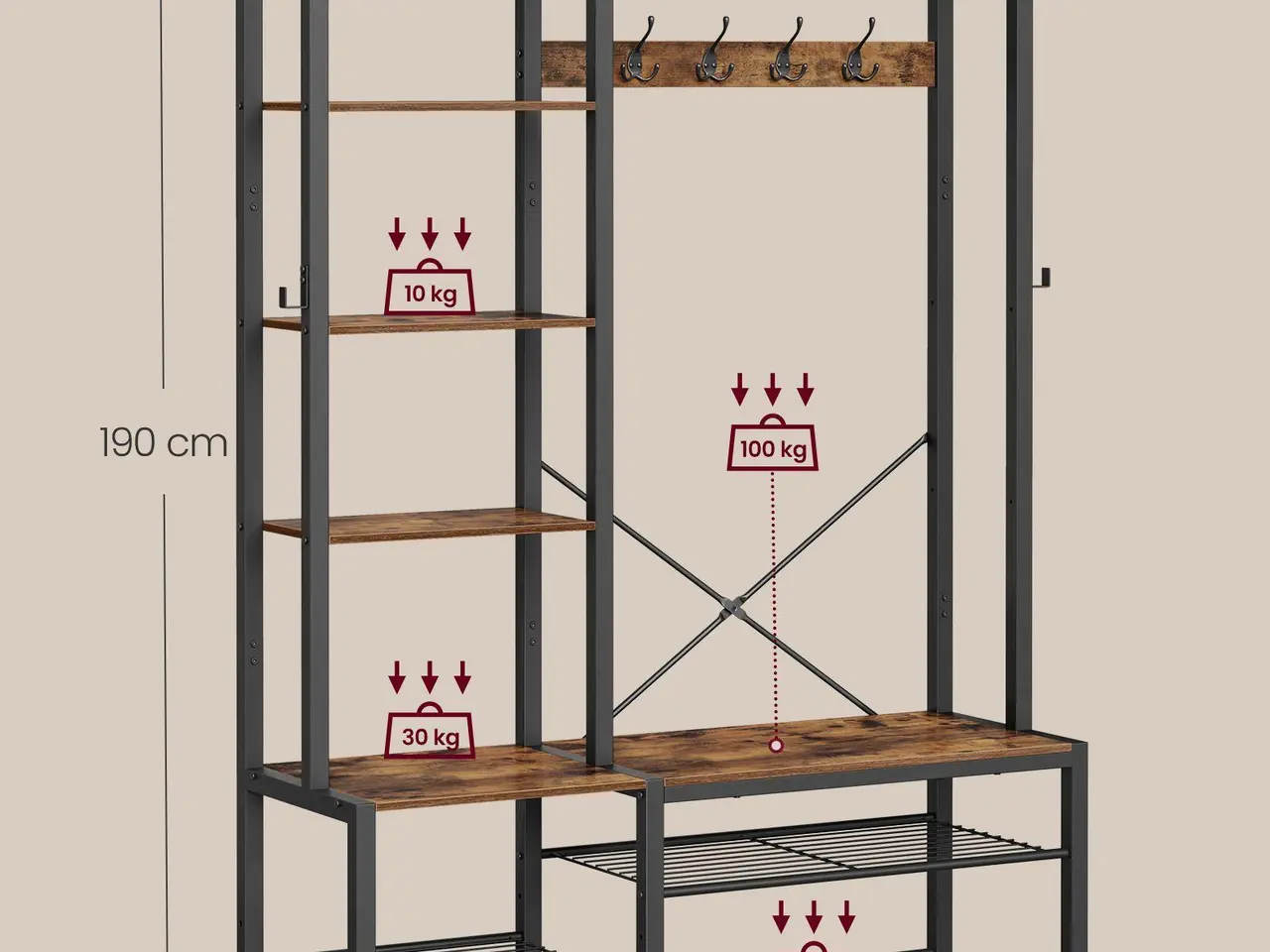 Billede 5 - Entrégarderobe med bænk og skoopbevaring - 40 x 120 x 190 cm