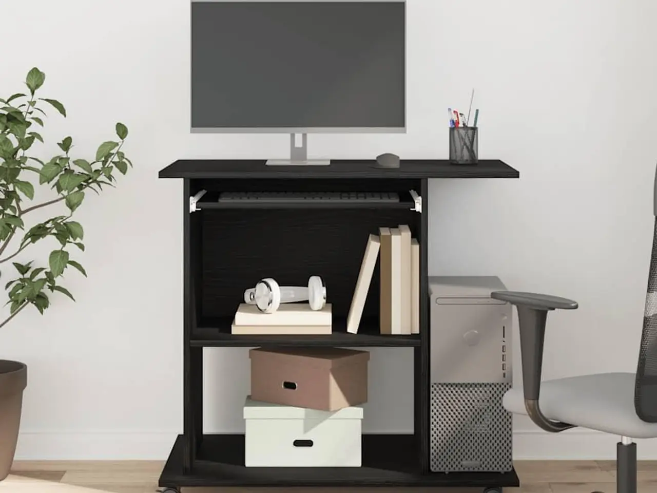 Billede 3 - Computerbord på hjul - sort egetræ, 80×50×75 cm, konstrueret træ