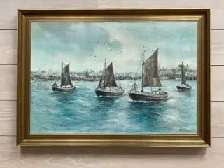 Maleri sejlskibe maritimt motiv m/ org. ramme