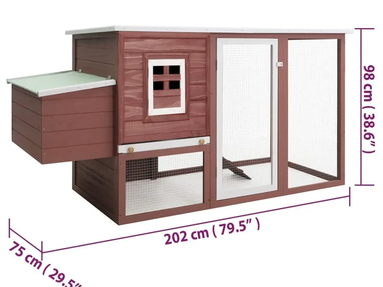 Billede 8 - Udendørs hønsehus i træ med redekasse - brun/hvid, 202 × 75 × 98 cm