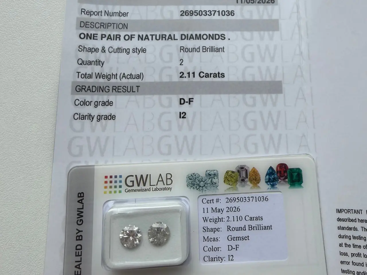 Billede 4 - 2.11 CT Diamanter m. certifikat – D-F farve