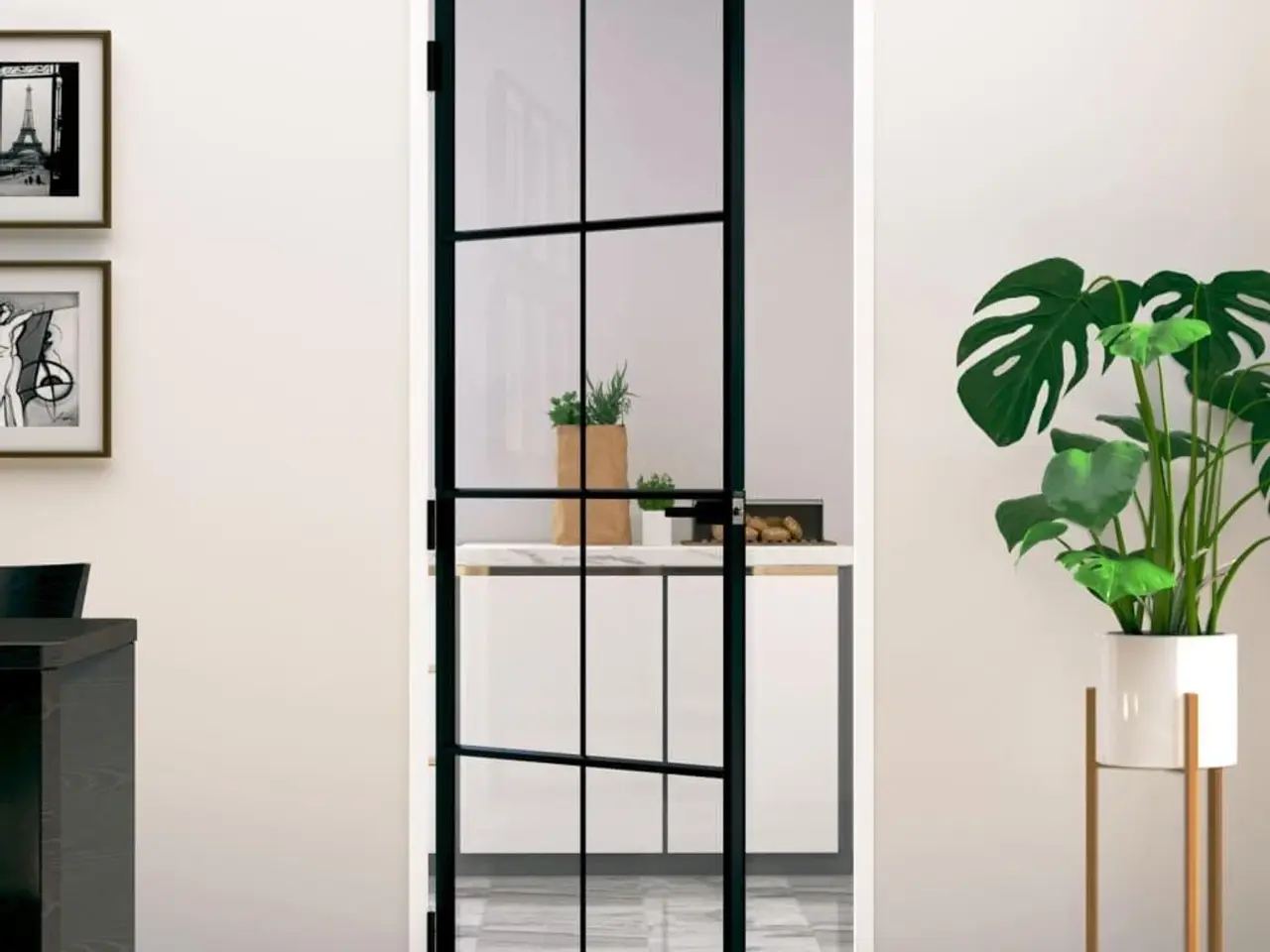 Billede 1 - Indvendig glasdør 83×201,5 cm - hærdet glas og sort aluminium