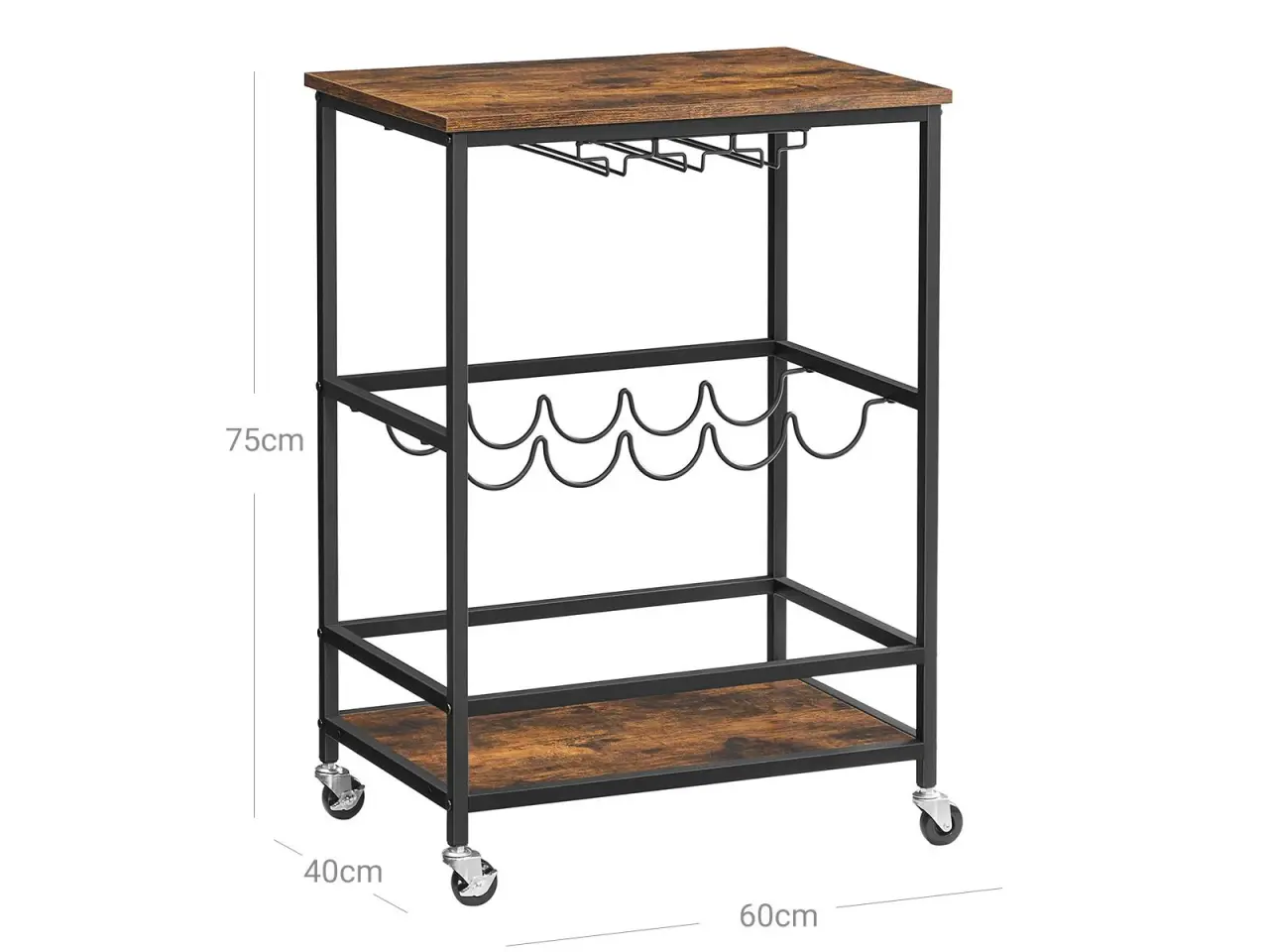 Billede 6 - Rullebord med vin- og glasholder industrielt design, 60 × 40 × 75 cm, rustik brun/sort