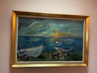Olie på lærred - joller ved breden