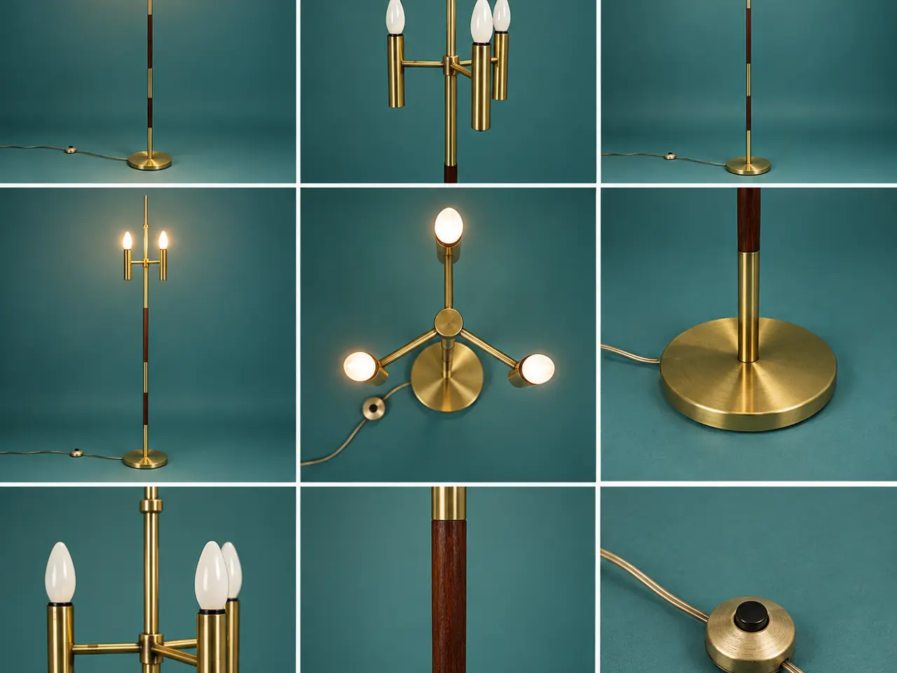 Billede 2 - Gulvlampe i messing og teaktræ med flere fatninger
