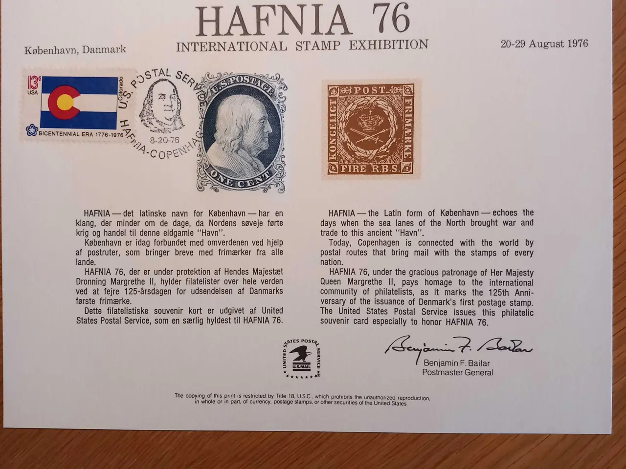 Billede 1 - Souvenirkort fra US postal service ved Hafnia 76.
