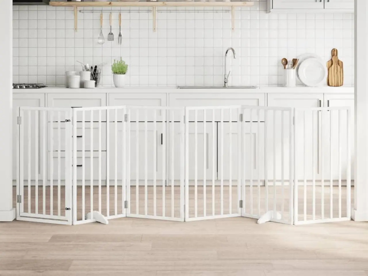 Billede 1 - Hundegitter med dør foldbar 6 paneler hvid 300 cm poppeltræ