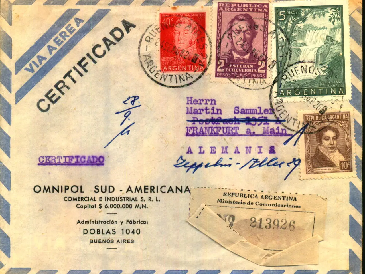 Billede 1 - Luftpost Rekommanderet Brev fra Argentina til Danmark - 24 - 9 - 58