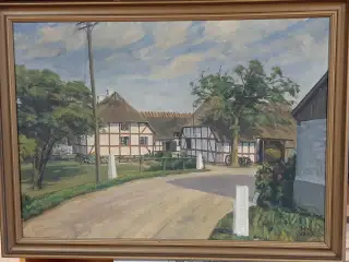 Oliemaleri af landbrugsejendom i landsby