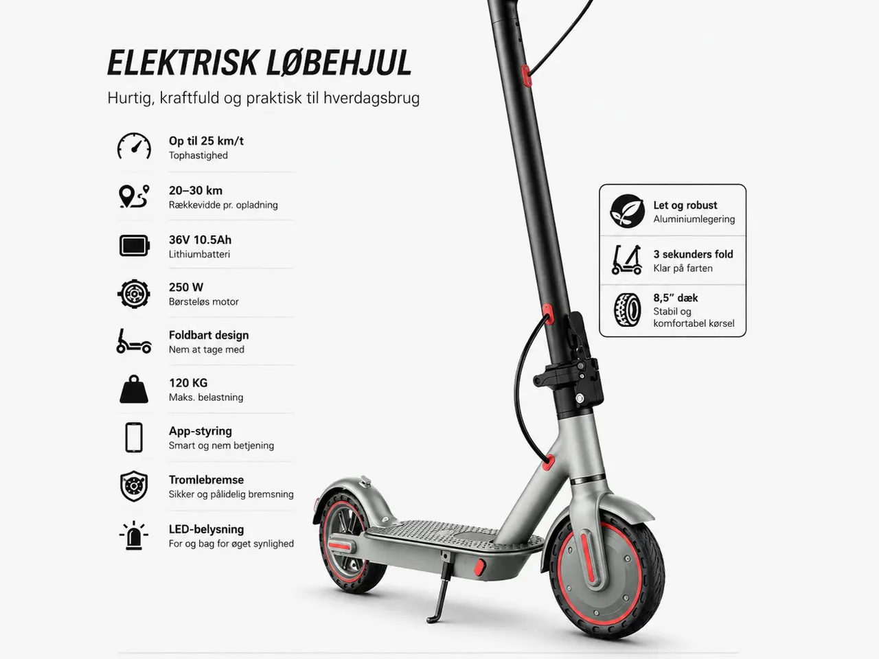 Billede 2 - Elektrisk løbehjul D8 Pro Rød, 25 km/t