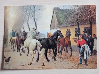 Postkort Et kobbel heste udenfor en kro