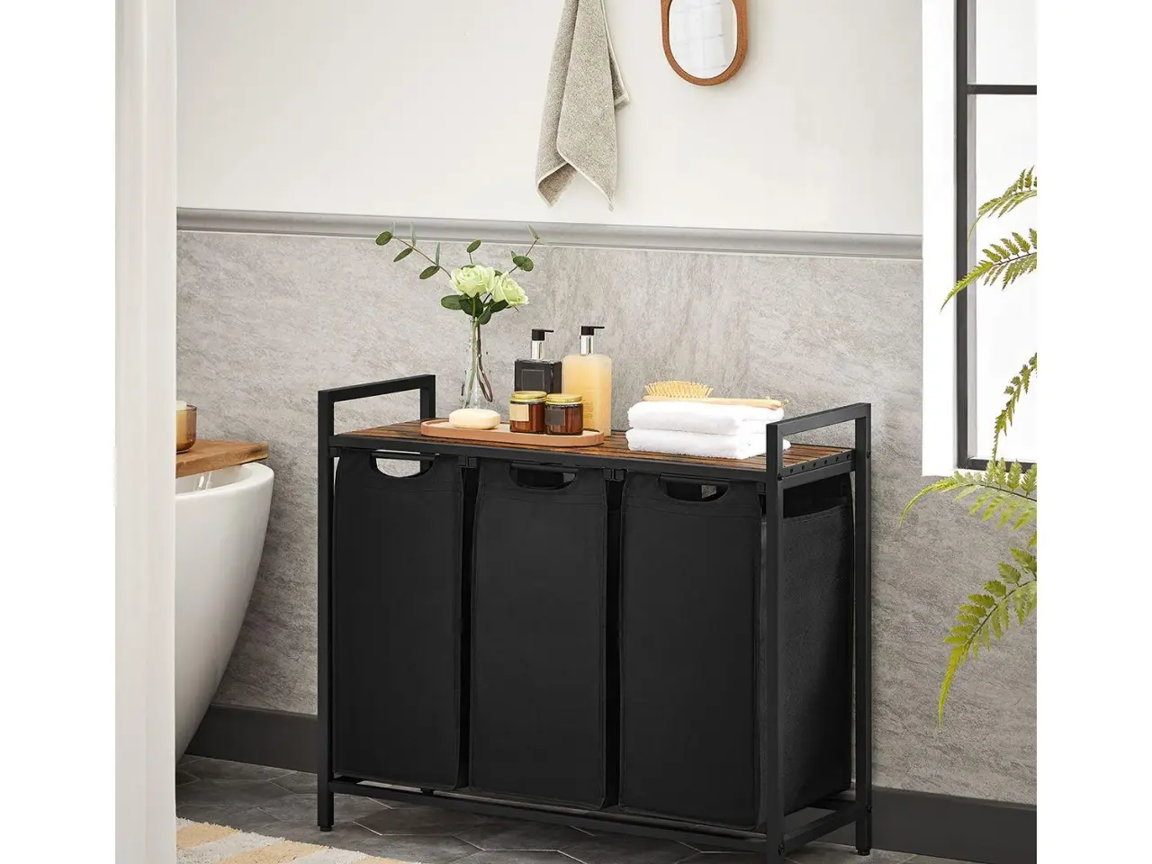 Billede 3 - Vasketøjssorterer med 3 poser og hylde rustik brun/sort, 38 l pr. pose