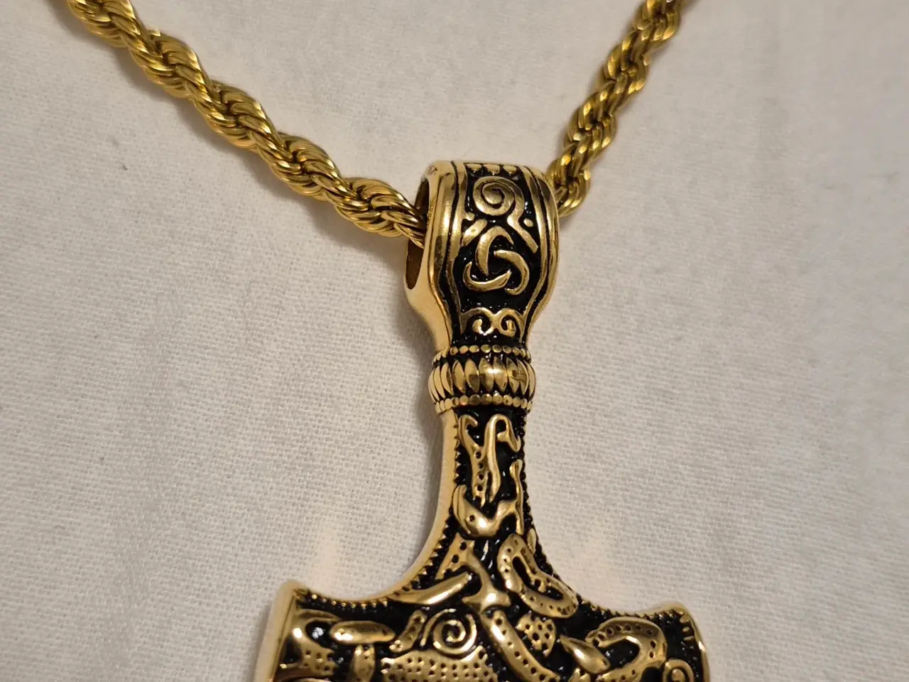 Billede 3 - Rope chain med thors hammer, goldfilled.