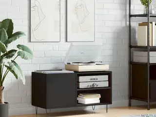 Vinylskab 85×38×48 cm i sort konstrueret træ - pladespillerskab med jernfødder