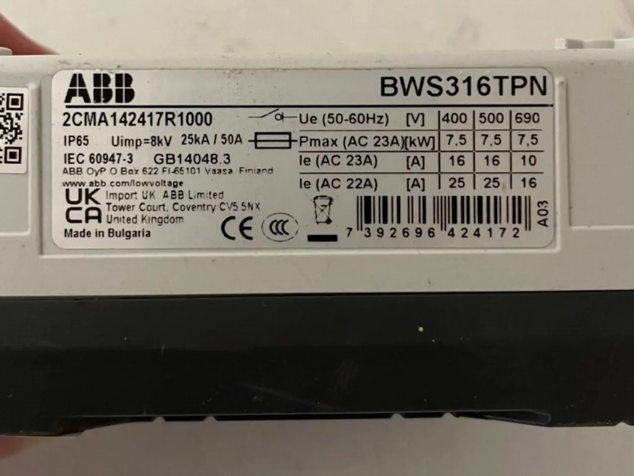 Billede 3 - ABB BWS316TPN Safety kontakt 3P 16A 400V IP65