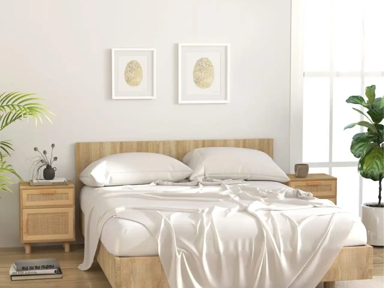 Billede 3 - Sengebord massivt fyrretræ og naturlig rattan brun