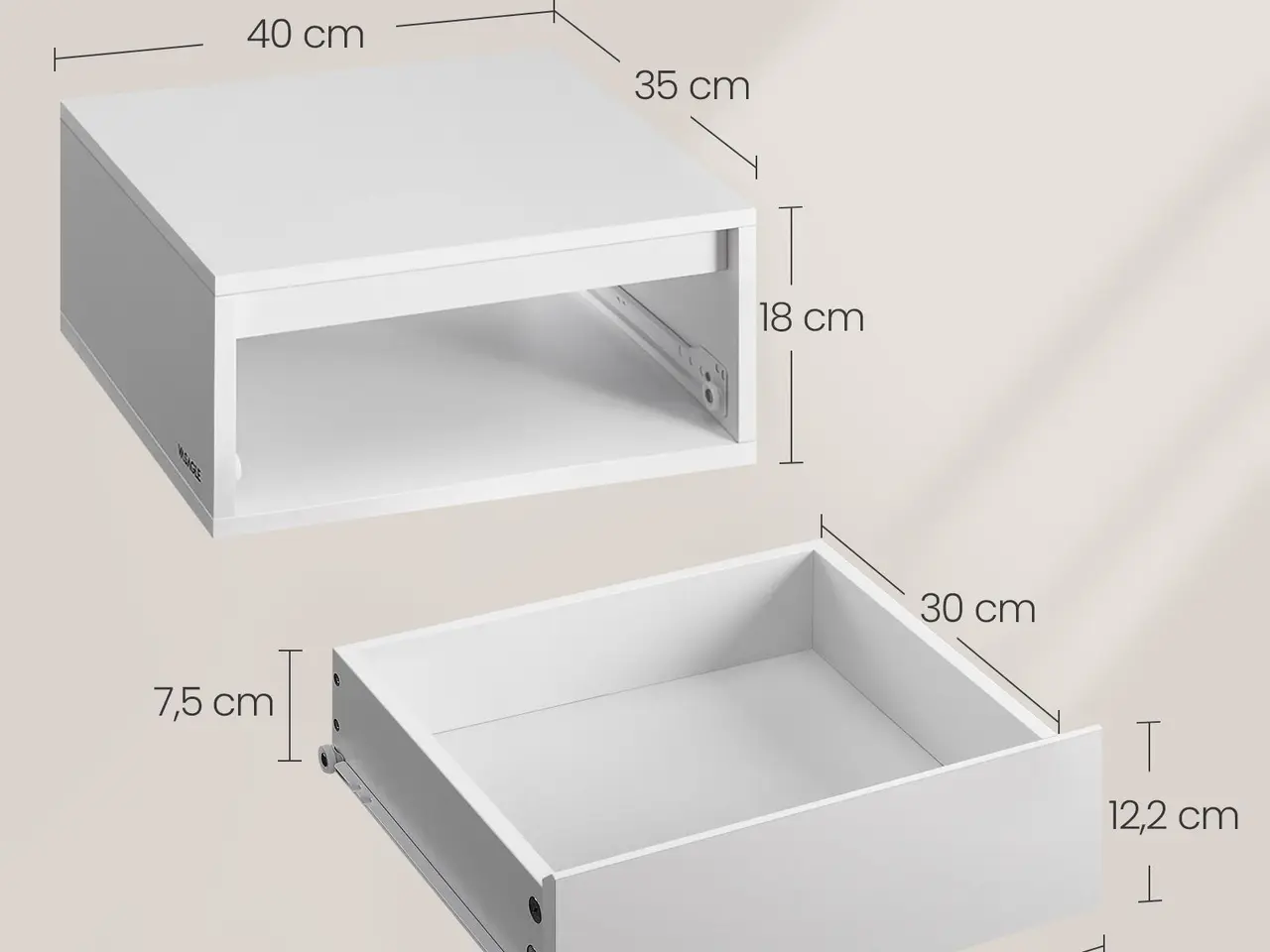 Billede 6 - Væghængt sengebord sæt med 2 skuffer og lys i 3 farver - cloud white, 18 × 40 × 35 cm