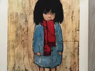 Plakat med lille pige i blå frakke. Giv et bud