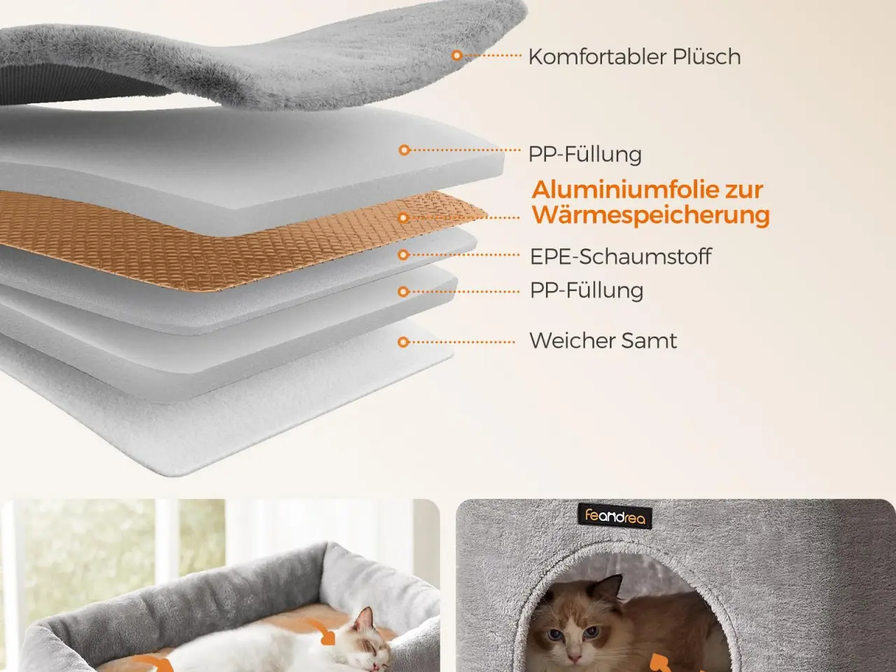 Billede 4 - Kattetræ til store katte - FEANDREA, robust kradsetræ med selvopvarmende puder, 2 selv-plejere, 9 kradsepæle, stor liggeplads, hule og kurve, 50 × 50 × 160 cm, duegrå/sort