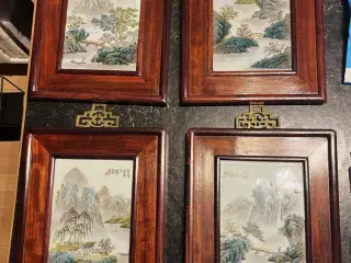 Kina,-Mahogny billede m. porcelæn