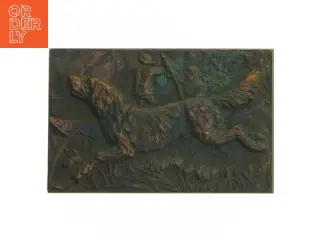 Træ/metal æske med jagtmotiv relief (str. 16x10,5x4 cm)
