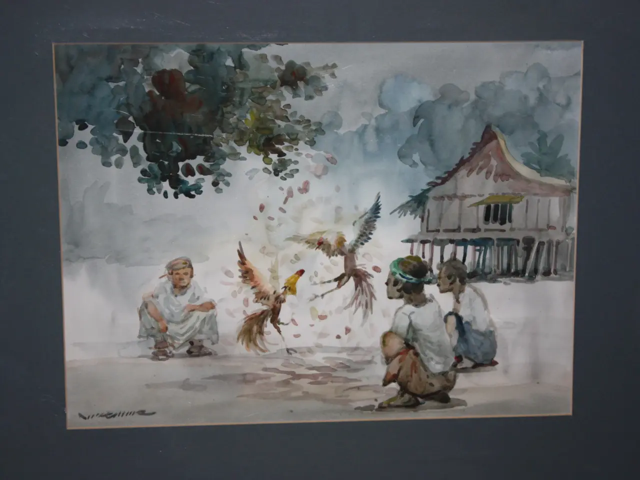 Billede 2 - Akvarel med passepartout med sign. asiatisk motiv