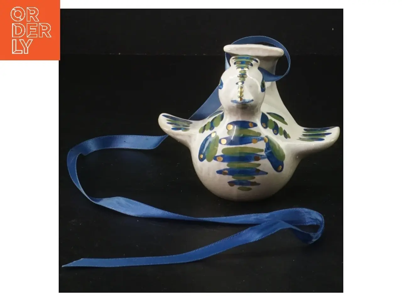 Billede 1 - Dekorativ keramik fugl med bånd (str. 8 cm)