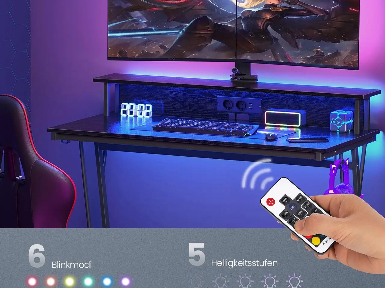 Billede 4 - Skrivebord til gaming med LED og strømudtag, 120 × 60 cm, klassisk sort