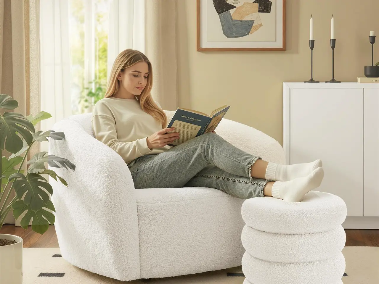 Billede 2 - Rund opbevaringspuf i teddyfleece - hvid