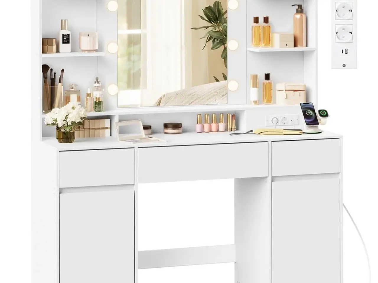 Billede 3 - Toiletbord med spejl og LED-lys - hvid