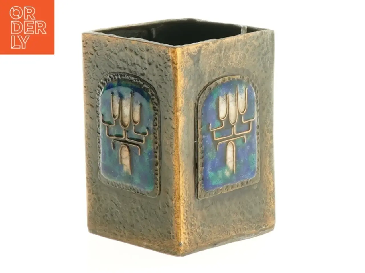 Billede 1 - Metal Vase med blå emalje dekoration (str. 9 x 6 cm)