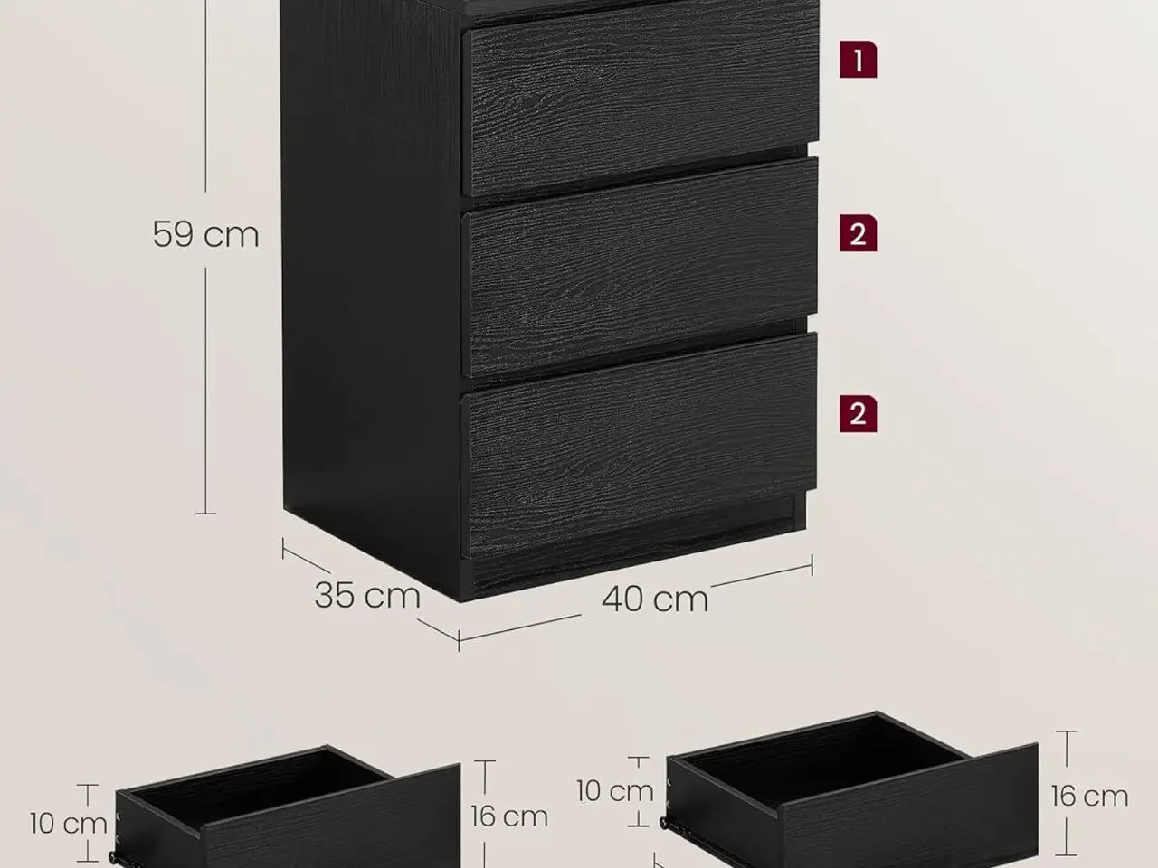 Billede 3 - Sengeborde med strøm sæt á 2, 3 skuffer, 2 stikkontakter & 2 USB-porte, ebensort