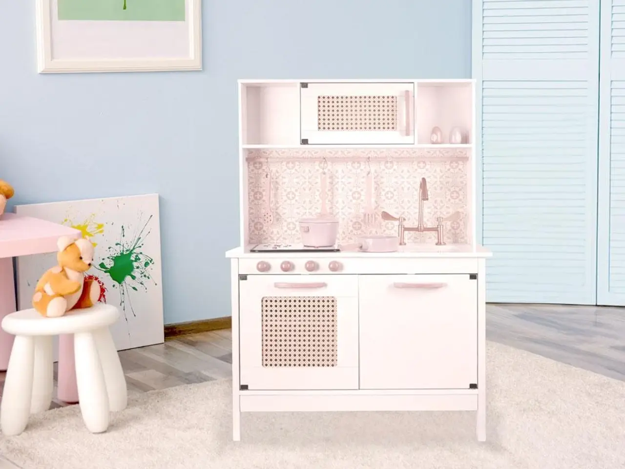 Billede 19 - Legekøkken i træ med retro look og boho tilbehør - MDF, lys og lyd