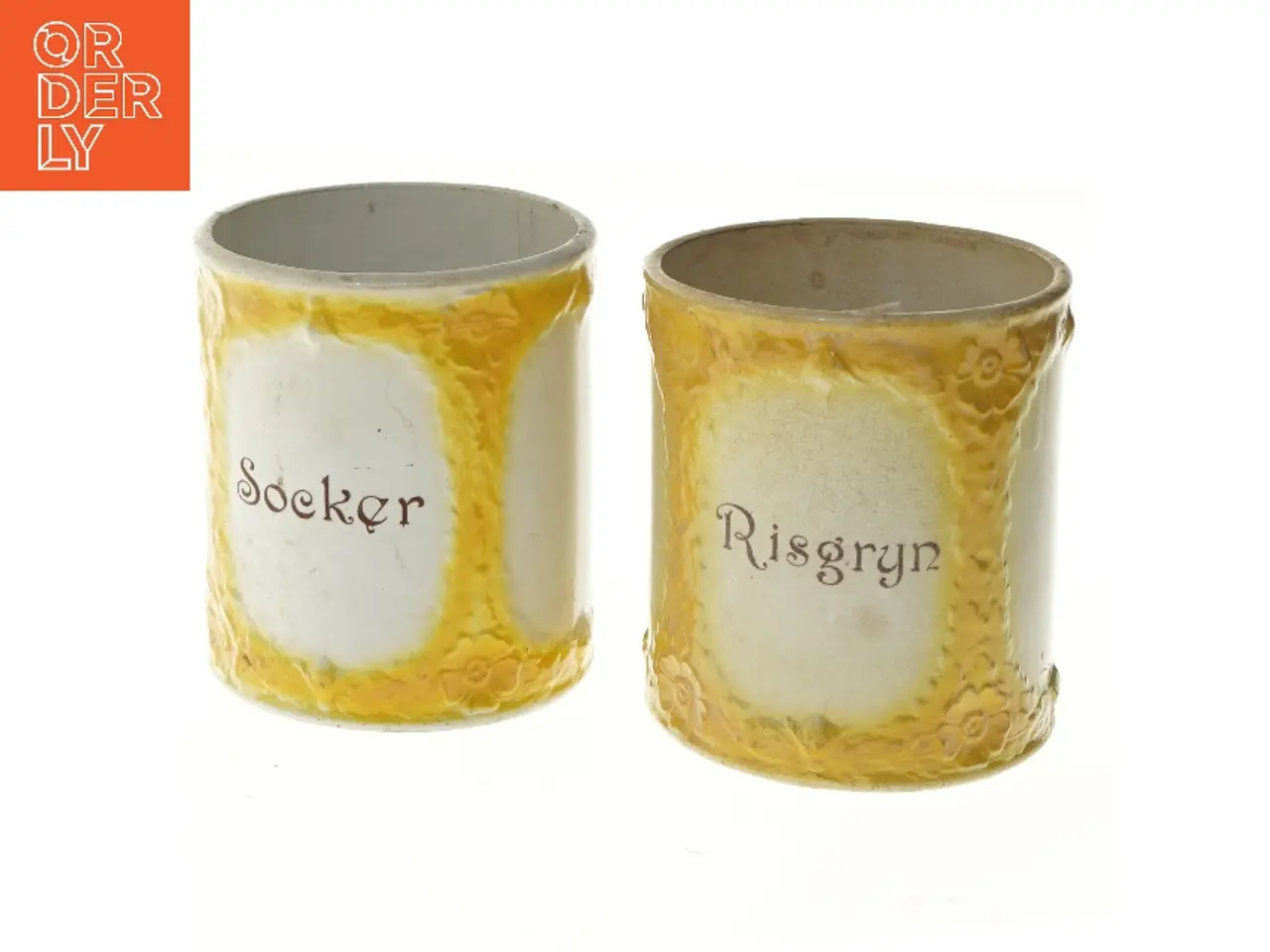 Billede 1 - 2 keramiske opbevaringskrukker Socker og Risgryn (str. 2 stk Ø 13 cm længde 14,5 cm)