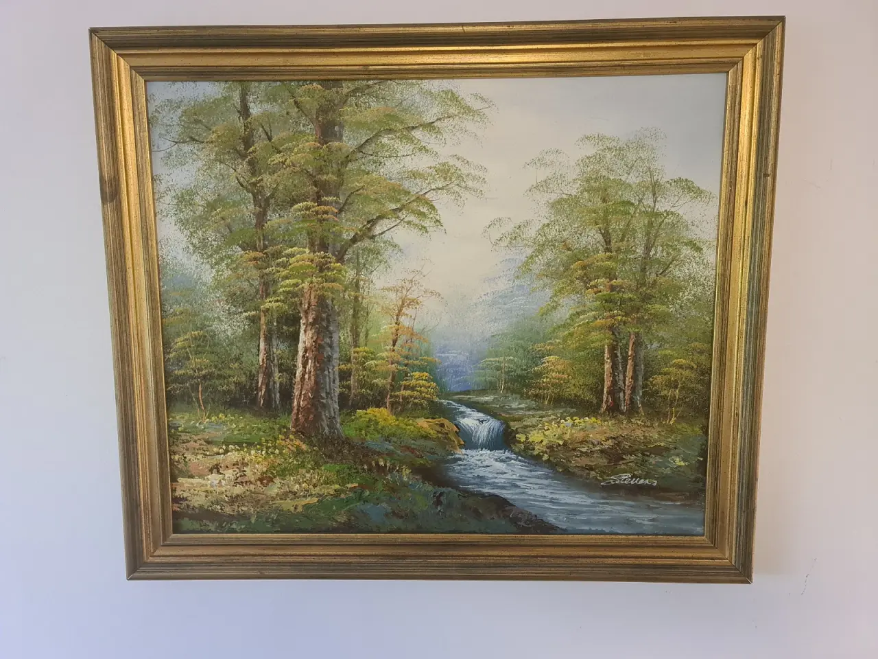 Billede 3 - Oliemaleri med skov og vandfald – signeret Stevens