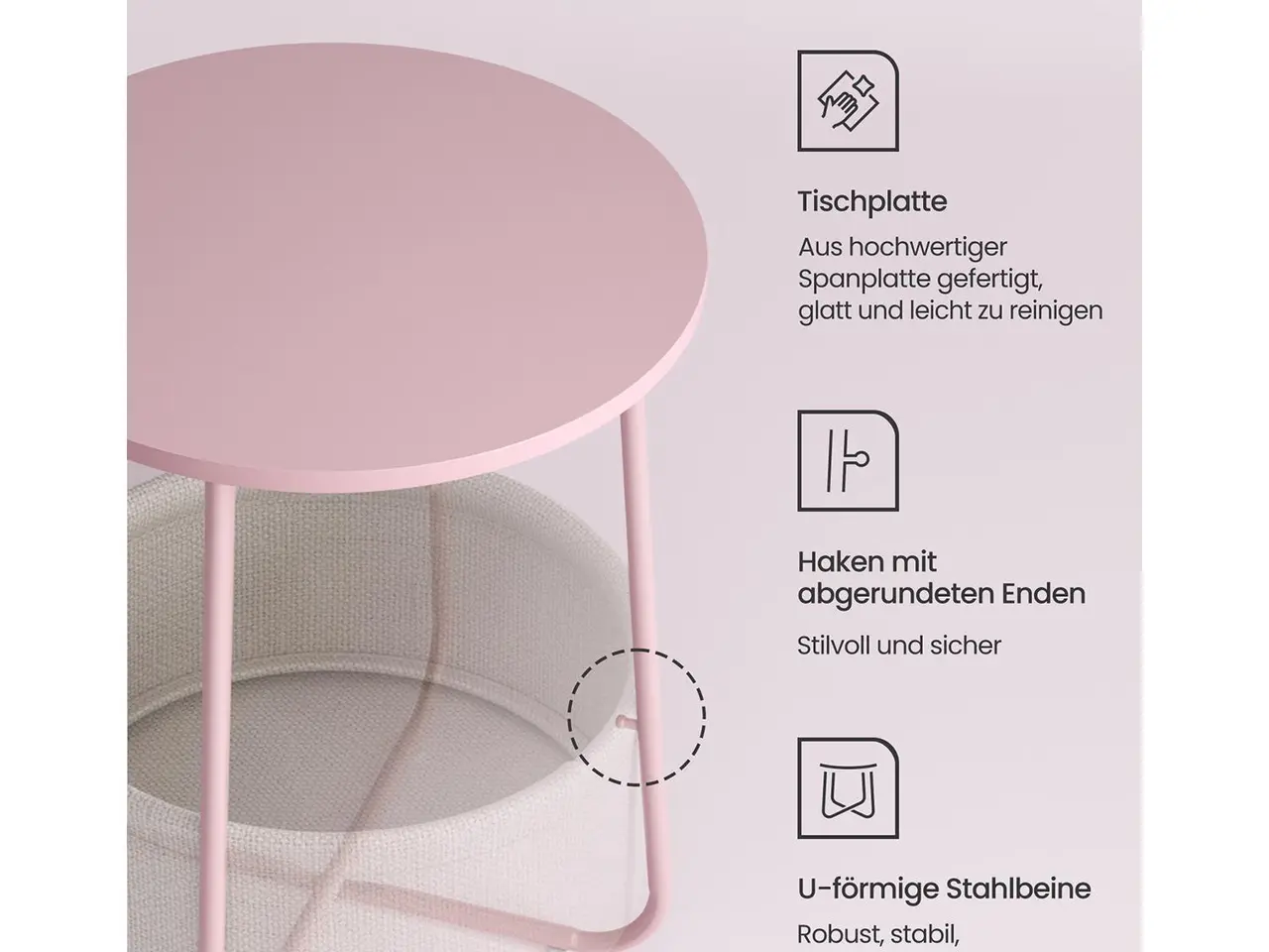 Billede 6 - Rundt sidebord med stofkurv - pastelrosa/Cloud White