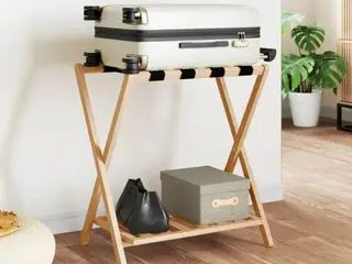 Kuffertbænk i bambus - 68 × 38 × 58 cm, foldbart bagagestativ med hylde