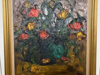 Blomster maleri i kraftige farver med guldramme