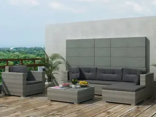 Haveloungesæt 6 dele med hynder polyrattan grå