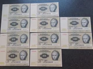 10 Kr sedler 10 stk 1977 + 1978 2 stk i numreorden
