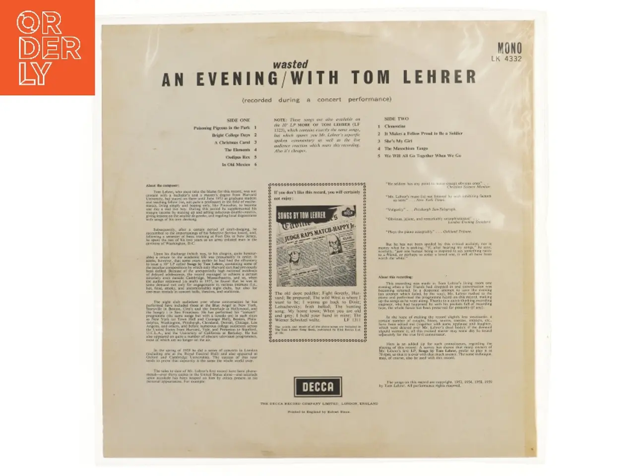 Billede 2 - Tom Lehrer LP "An Evening Wasted With Tom Lehrer"