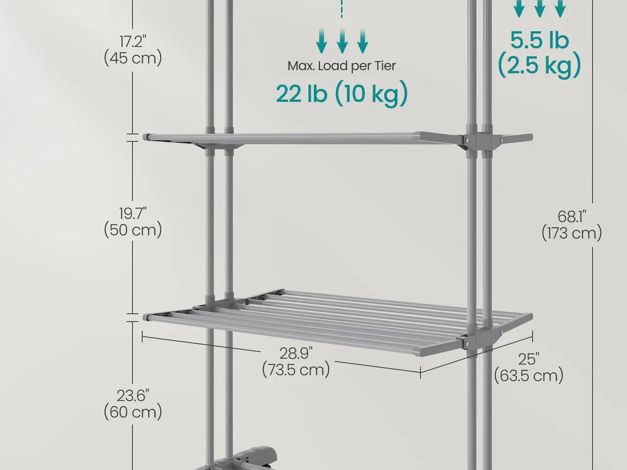 Billede 7 - Tørrestativ med 4 niveauer - foldbart ståltørrestativ på hjul, 173 cm, grå