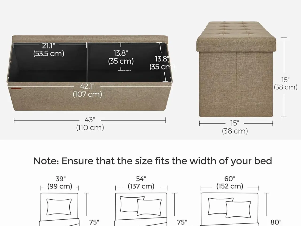 Billede 2 - Foldbar opbevaringsbænk med låg - Camel Brown, 110 cm