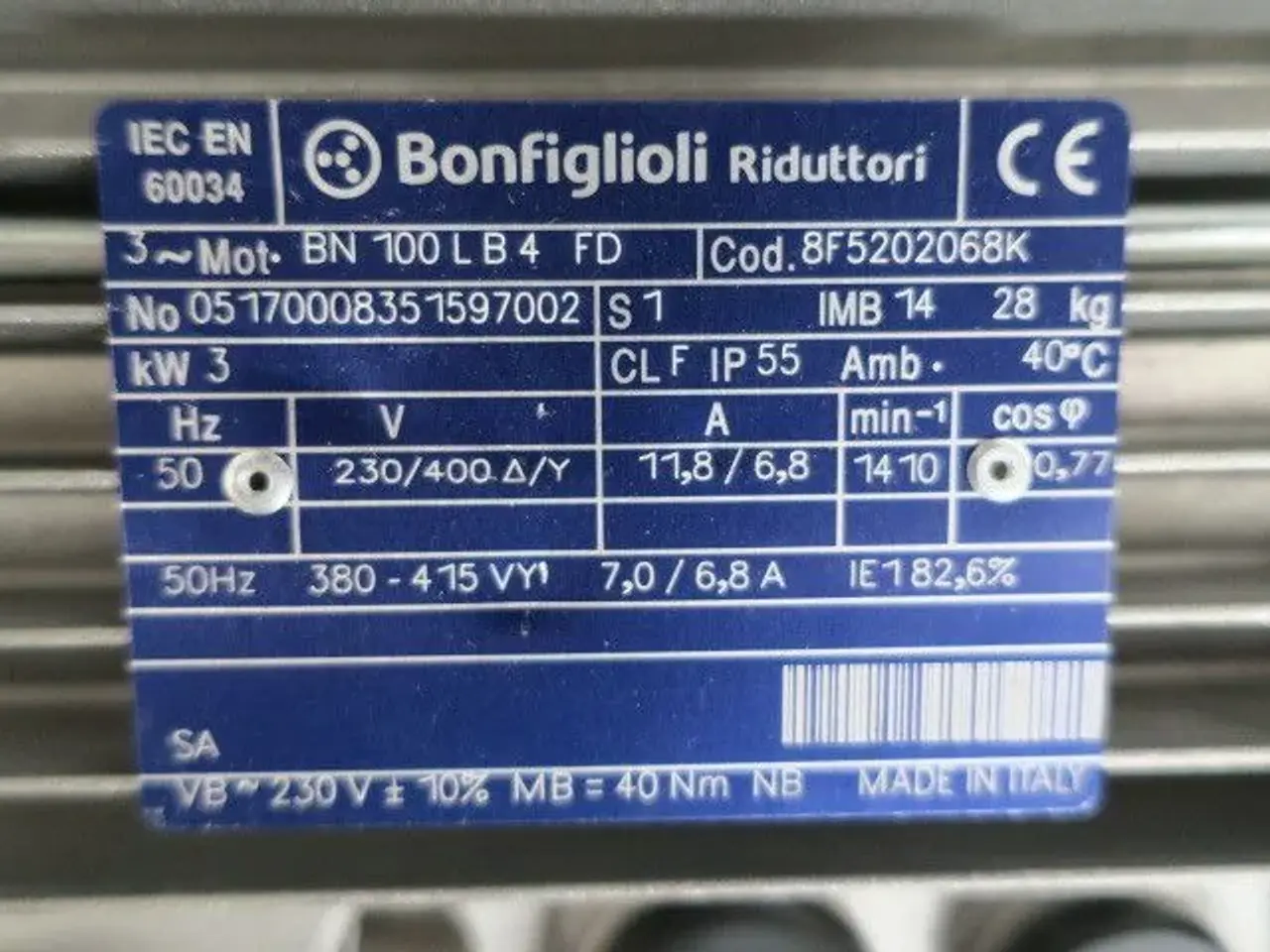 Billede 3 - Ubrugt Bonfiglioli 3 kW el-motor med bremse