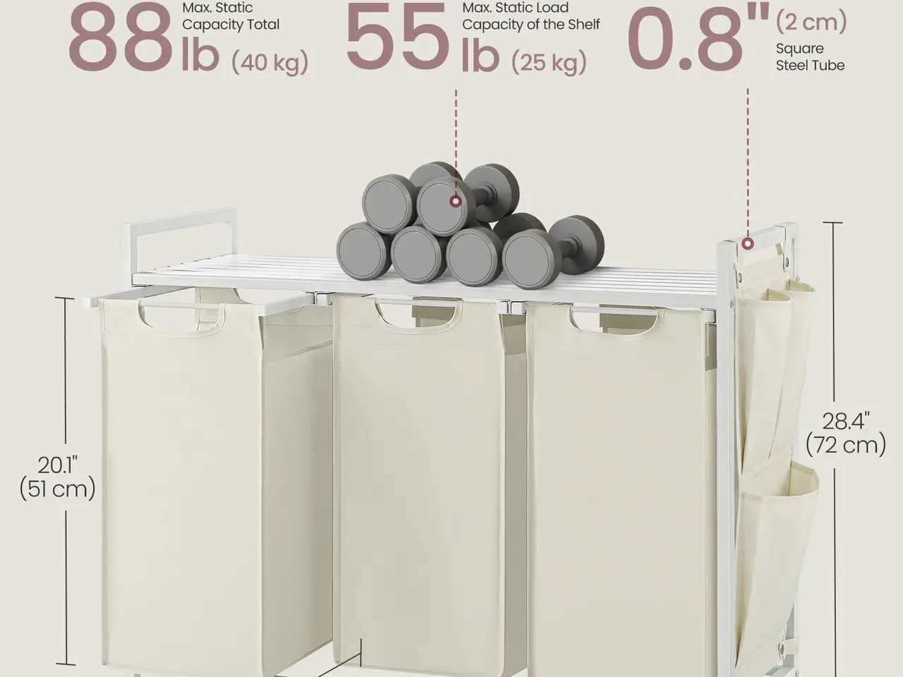 Billede 6 - Vasketøjssorterer med hylde og 3 poser - 120 l, Cloud White og hvid