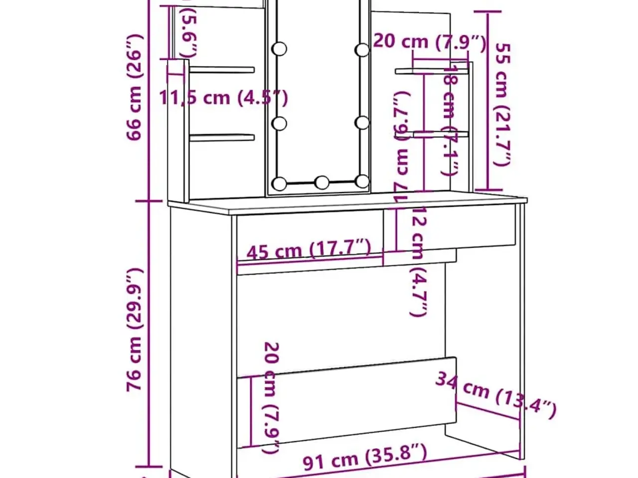 Billede 11 - Makeupbord med LED-lys 96x40x142 cm hvid