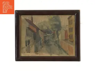 Indrammet maleri af bylandskab (str. 24,5x19,5 cm)