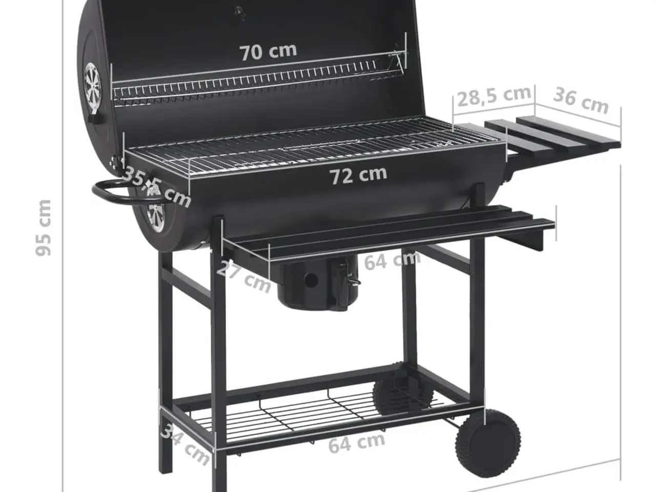 Billede 10 - Tøndegrill med hjul og hylder - stål, sort, 115×85×95 cm