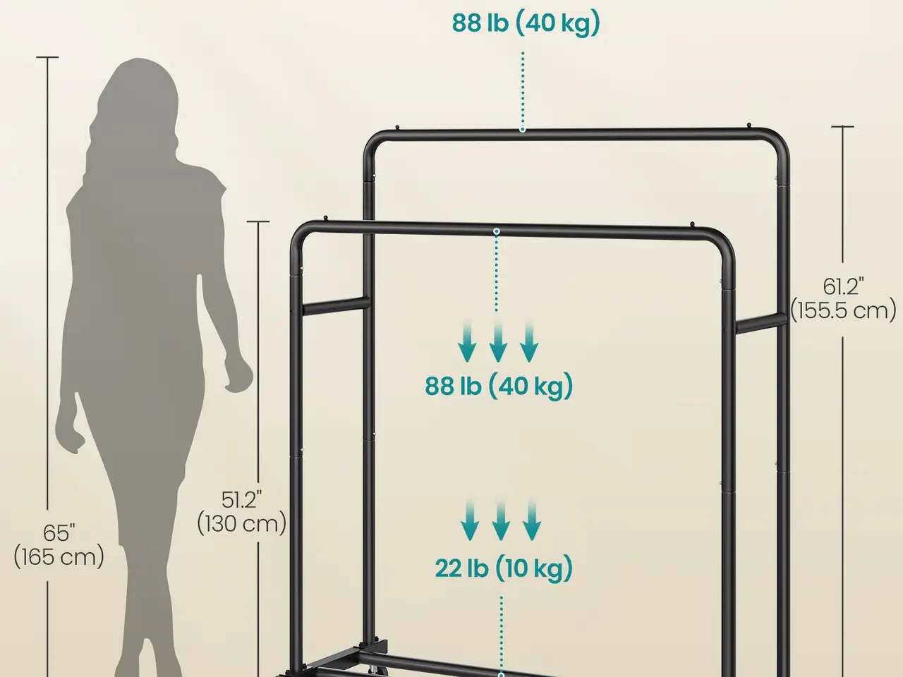 Billede 5 - Tøjstativ på hjul med dobbelt bøjlestang 90 kg - sort 155,5 cm